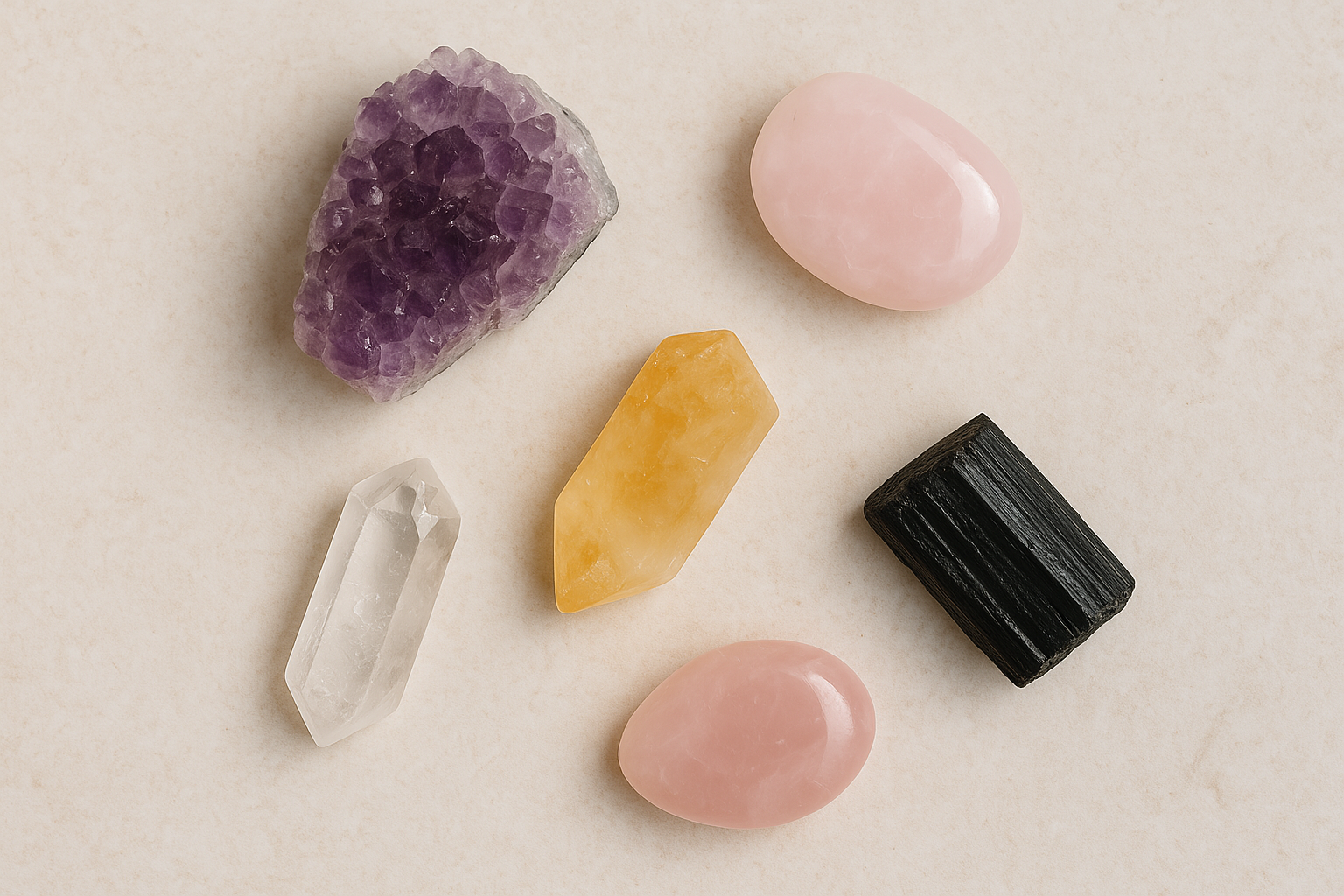 A selection of healing crystals including amethyst, rose quartz, and citrine arranged on a natural background.